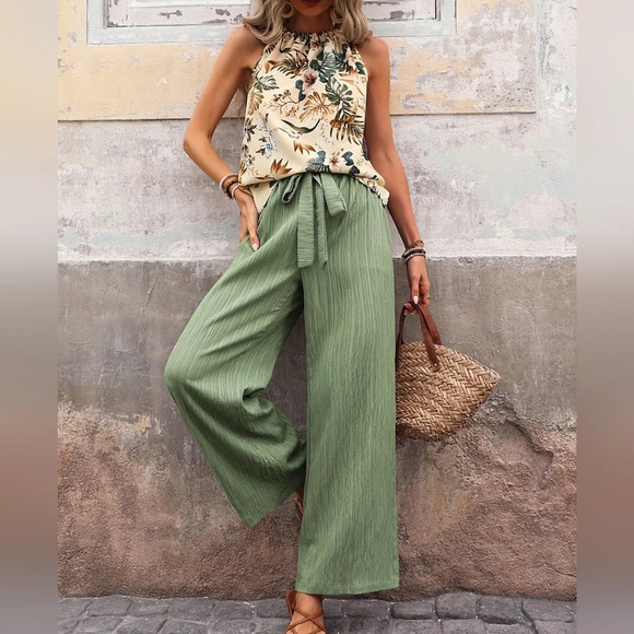 Plant Printed Halter Top With Solid Color Long Pants Two Piece Set